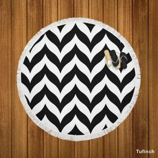 Black Wavy Chevron Round Beach Towel