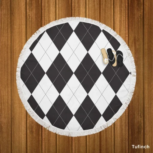 Black White Argyle Pattern Round Beach Towel