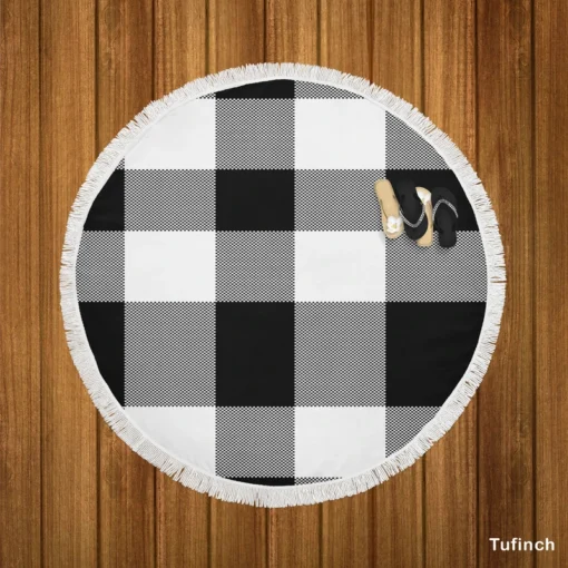 Black White Buffalo Checkered Plaid Round Beach Towel