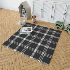 Black White Tartan Plaid Scottish Rug 1