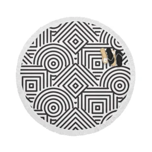 Black and White Geometric Shapes Pattern Round Beach Towel