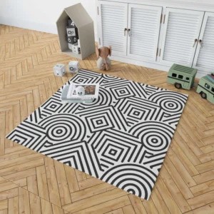 Black and White Geometric Shapes Pattern Rug 1