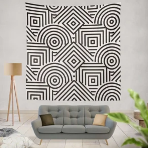 Black and White Geometric Shapes Pattern Wall Tapestry