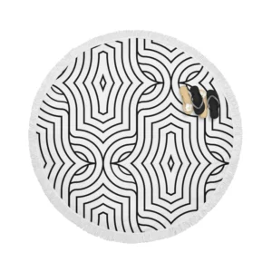 Black and White Linear Flat Abstract Lines Pattern Round Beach Towel