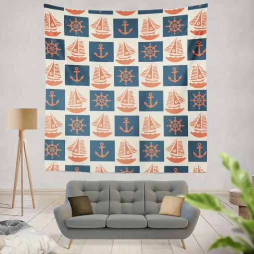 Blue Anchor Pattern Wall Tapestry