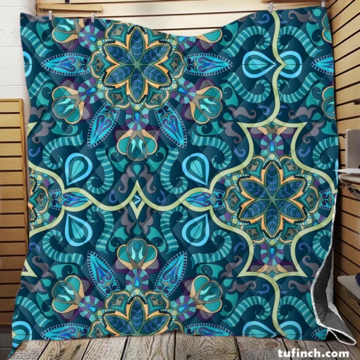 Blue And Gold Italian Pattern Quilt Blanket