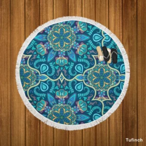 Blue And Gold Italian Pattern Round Beach Towel