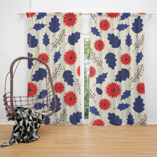 Blue And Red Floral Pattern Curtain