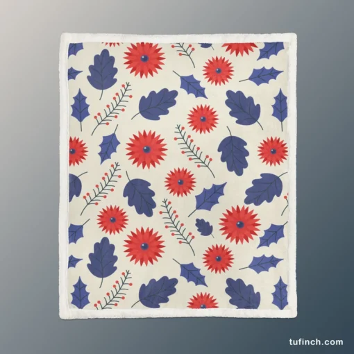 Blue And Red Floral Pattern Sherpa Fleece Blanket 1