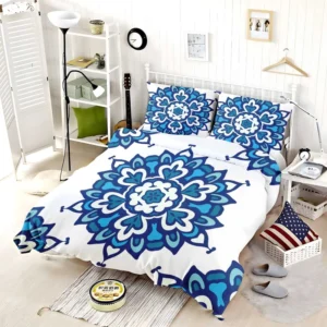 Blue Azulejo Pattern On White Background Bedding Set