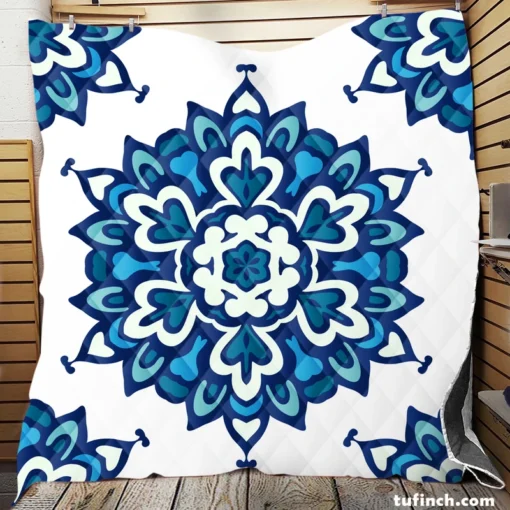 Blue Azulejo Pattern On White Background Quilt Blanket