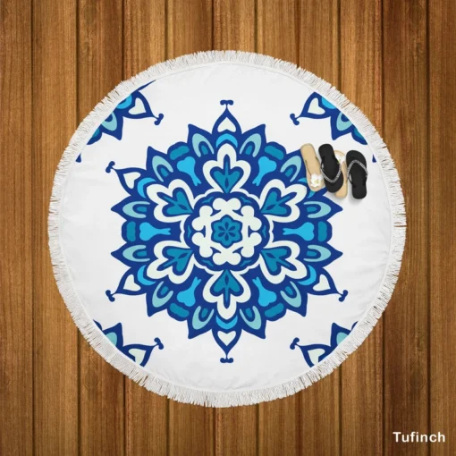 Blue Azulejo Pattern On White Background Round Beach Towel