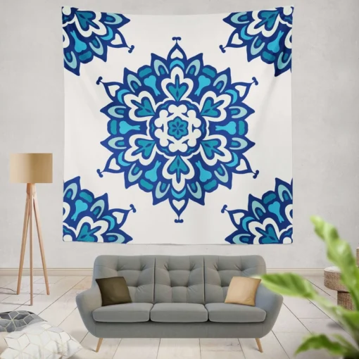 Blue Azulejo Pattern On White Background Wall Tapestry