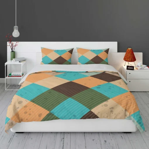 Blue Brown Diamond Patchwork Pattern Bedding Set 1