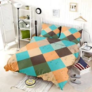 Blue Brown Diamond Patchwork Pattern Bedding Set