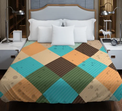 Blue Brown Diamond Patchwork Pattern Duvet Cover