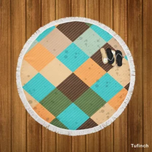 Blue Brown Diamond Patchwork Pattern Round Beach Towel