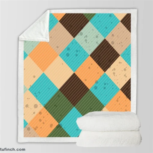 Blue Brown Diamond Patchwork Pattern Sherpa Fleece Blanket