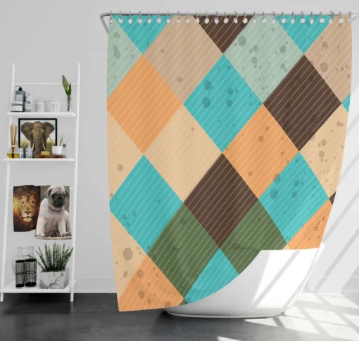 Blue Brown Diamond Patchwork Pattern Shower Curtain