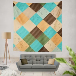 Blue Brown Diamond Patchwork Pattern Wall Tapestry