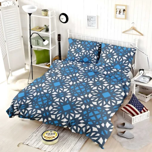 Blue Ethnic Artwork On White Bedding Set