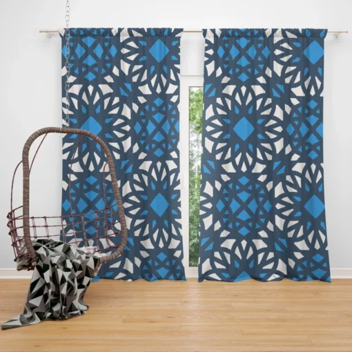 Blue Ethnic Artwork On White Curtain