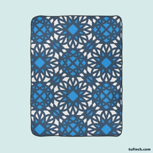 Blue Ethnic Artwork On White Fleece Blanket 1