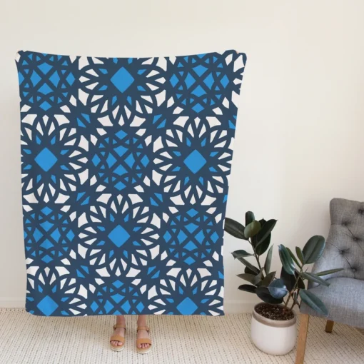 Blue Ethnic Artwork On White Fleece Blanket