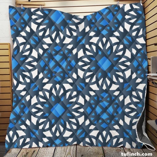 Blue Ethnic Artwork On White Quilt Blanket