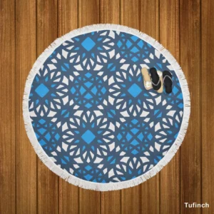 Blue Ethnic Artwork On White Round Beach Towel