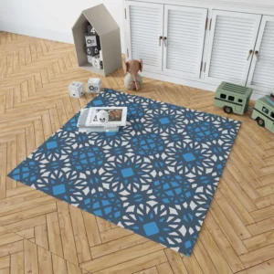 Blue Ethnic Artwork On White Rug 1