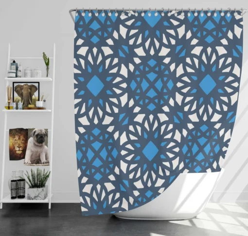 Blue Ethnic Artwork On White Shower Curtain