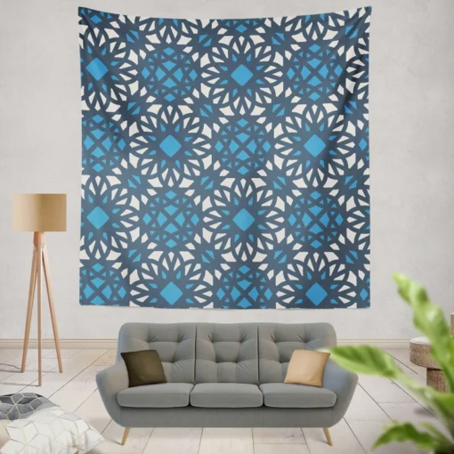 Blue Ethnic Artwork On White Wall Tapestry