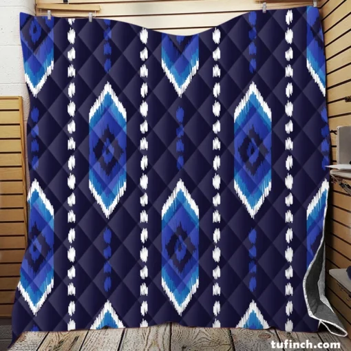 Blue Ethnic Ikat Art Quilt Blanket