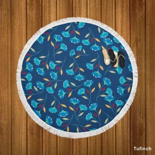 Blue Floral Design Round Beach Towel