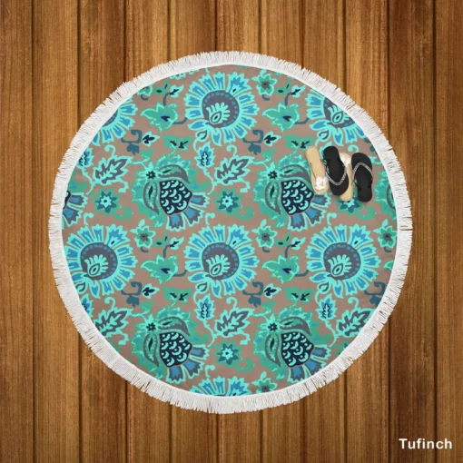 Blue Floral Ethnic Pattern Round Beach Towel