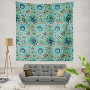 Blue Floral Ethnic Pattern Wall Tapestry