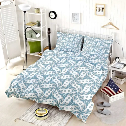 Blue Floral Leaf Toile Bedding Set