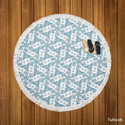 Blue Floral Leaf Toile Round Beach Towel