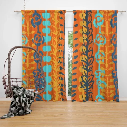 Blue Floral Pattern In Orange Curtain