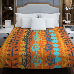 Blue Floral Pattern In Orange Duvet Cover