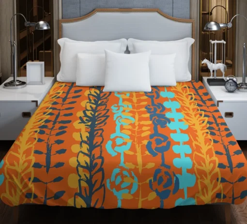 Blue Floral Pattern In Orange Duvet Cover