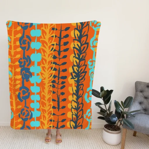 Blue Floral Pattern In Orange Fleece Blanket