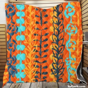 Blue Floral Pattern In Orange Quilt Blanket