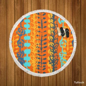 Blue Floral Pattern In Orange Round Beach Towel