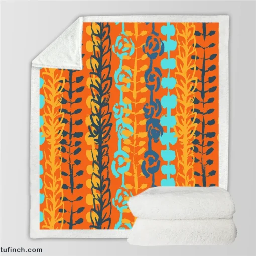 Blue Floral Pattern In Orange Sherpa Fleece Blanket