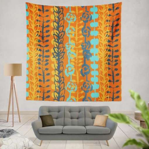 Blue Floral Pattern In Orange Wall Tapestry