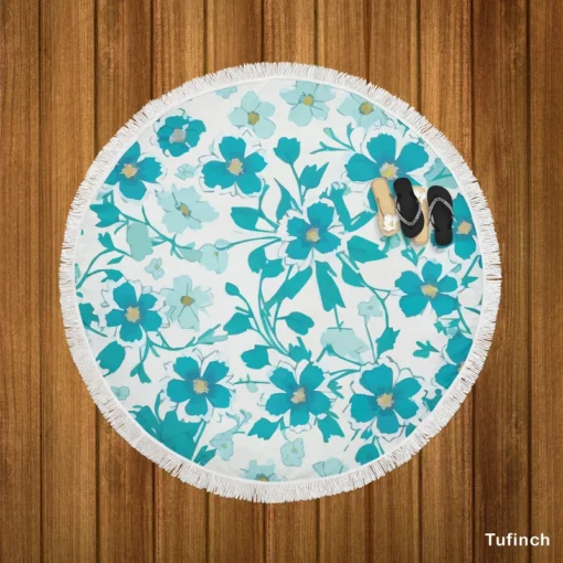 Blue Flowers Spring Pattern Round Beach Towel