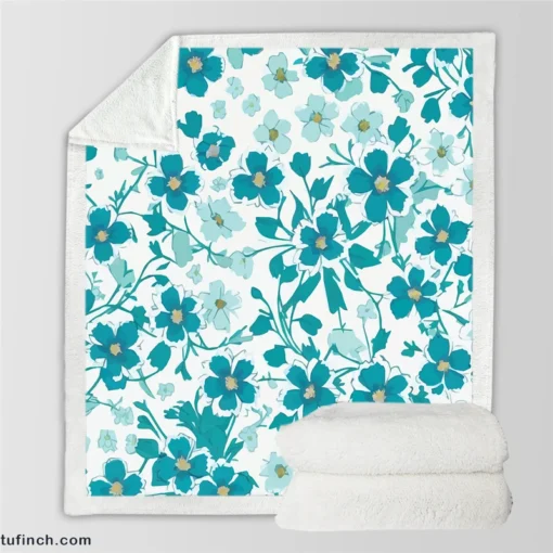 Blue Flowers Spring Pattern Sherpa Fleece Blanket