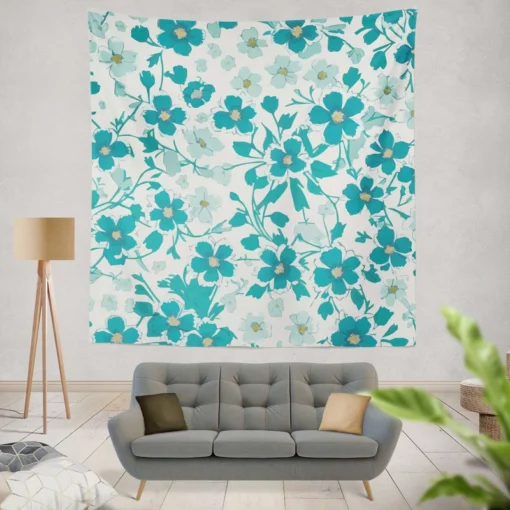 Blue Flowers Spring Pattern Wall Tapestry